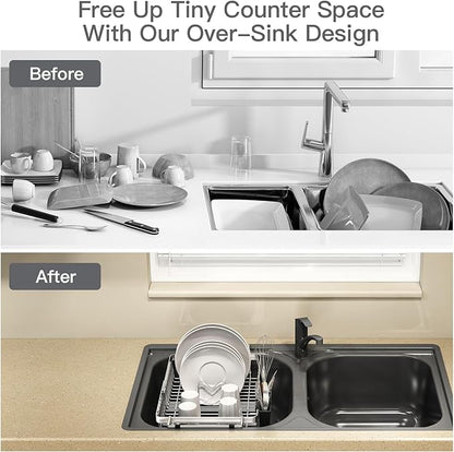 MAJALiS Dish Drying Rack Over The Sink, Expandable Stainless Steel Dish Drainer for Small Kitchen Counter Space Saving, RV Compact Plate Strainer In Silver Metal with Hanging Adjustable Utensil Holder - Image 2