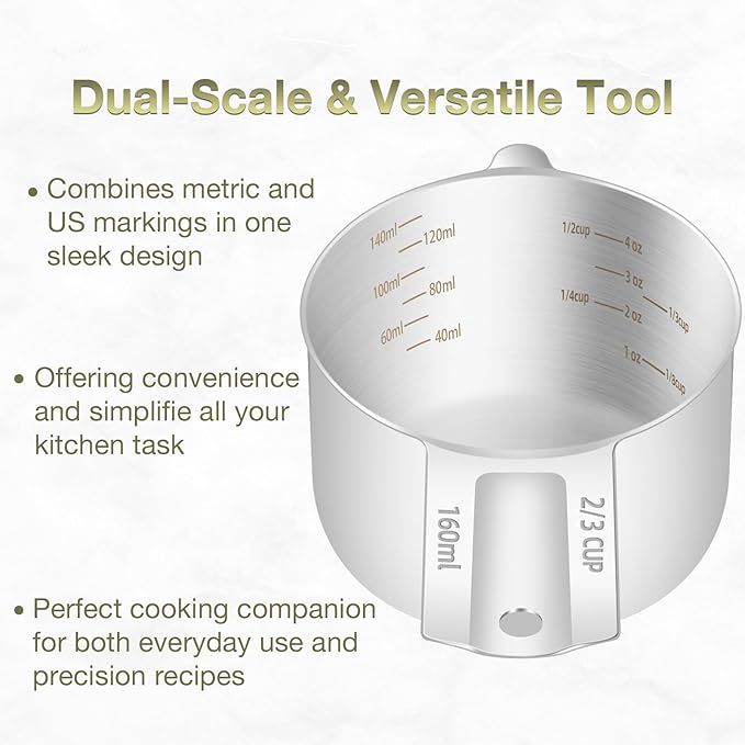 2PCS 2/3Cup (160ml, 5.3oz) Single Measuring Cup, Etched Inner Scale Stainless Steel Measure Scoop, Metric and US Measurement, Dishwasher Safe - Image 4