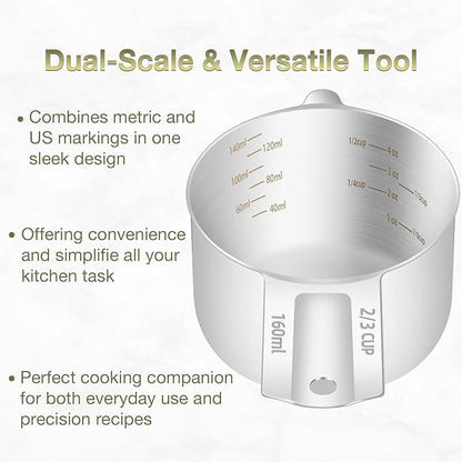 2PCS 2/3Cup (160ml, 5.3oz) Single Measuring Cup, Etched Inner Scale Stainless Steel Measure Scoop, Metric and US Measurement, Dishwasher Safe - Image 4