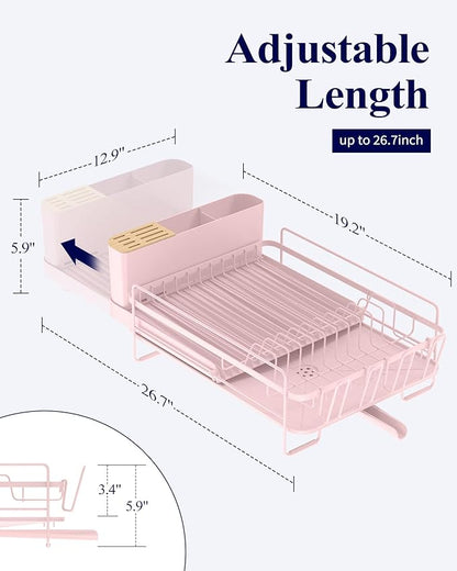 Kitsure Large Dish Drying Rack - Extendable Dish Rack, Multifunctional Dish Rack for Kitchen Counter, Anti-Rust Dish Drainers with Cutlery & Cup Holders 19.2"-26.7" L x 12.9" W, Pink - Image 2