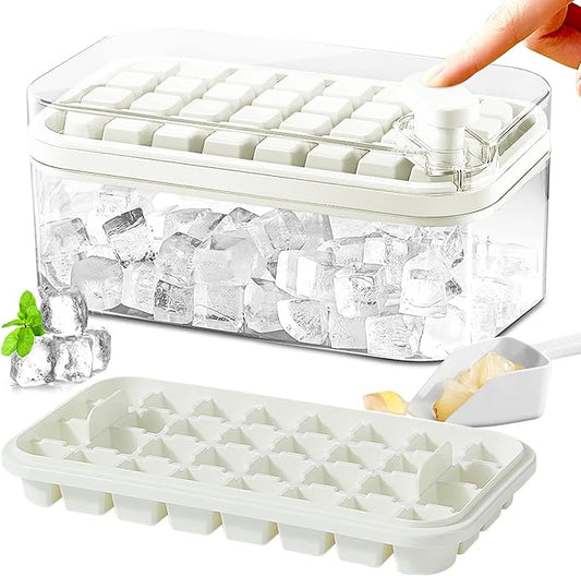 Ice Cube Tray with Lid and Bin, 2 Pack for Freezer, 64 Pcs Ice Cube Mold (White) by DOONLY