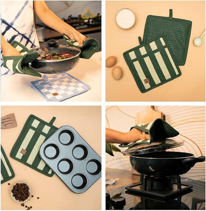 Folkulture Pot Holders for Kitchen | Pack of 2 (8x8) Ribbed Soft Silicone Hot Pads for Kitchen | 100% Cotton Cute Oven Pot Holders Set | Heat Resistant | Machine Washable | Non Slip | Matcha