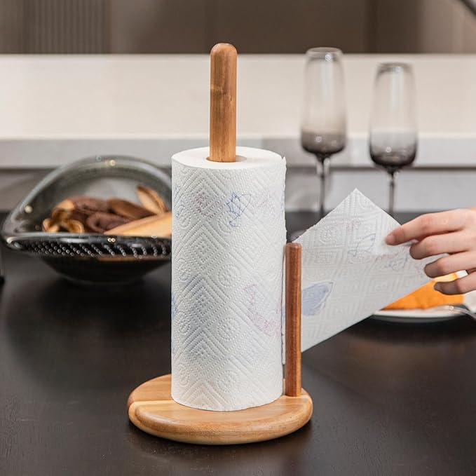14" Acacia Wooden Paper Towel Holder, 6.7" Large Heavy Base Wooden Kitchen Towel Roll Stand Organizer Free Standing, Rustic Farmhouse Paper Towel Holder Stand, Standing Paper Towel Roll Holders Wood