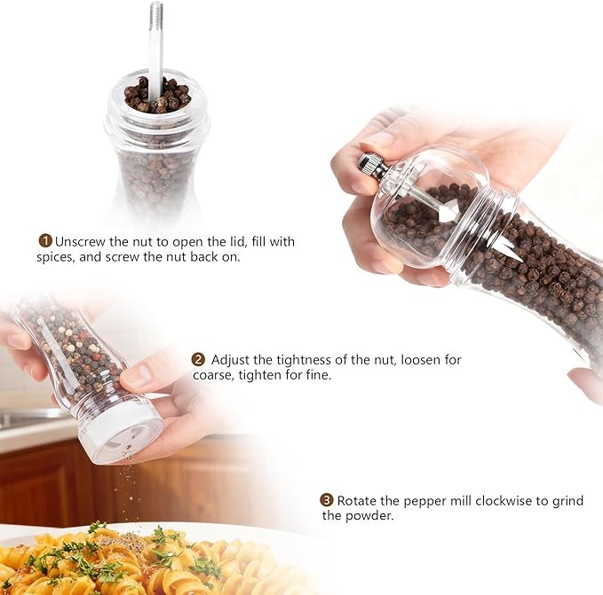 LHS Pepper Mill Grinder Set, 2Pcs Salt Grinder Peppercorn Grinders with Adjustable Coarseness-Clear - Image 5