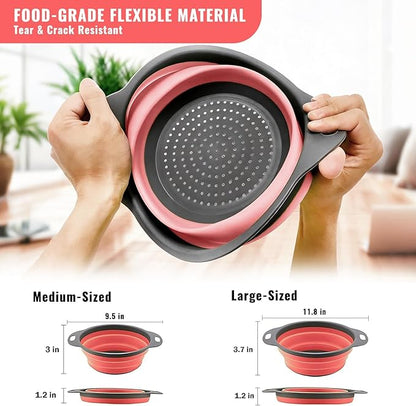 2 Pack Collapsible Silicone Colander with Handle, Over Sink Foldable Food Strainer, BPA-Free Space Saving Drain Basket for Vegetables, Fruits, Pasta, Kitchen & Camping (Red) - Image 6