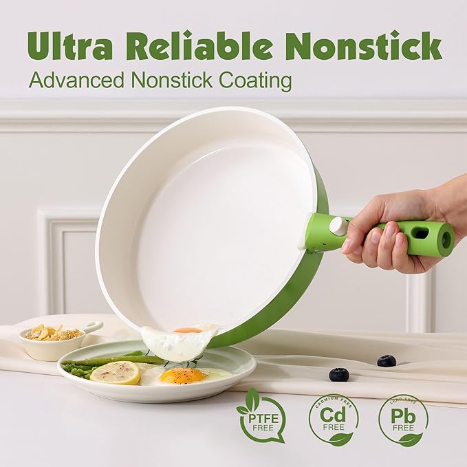 SENSARTE 17 Piece Ceramic Pots and Pans Set, Nonstick Detachable Handle Cookware, Induction Kitchen Cookware Set with Removable Handle, Dishwasher ＆ Oven Safe (Green) - Image 4