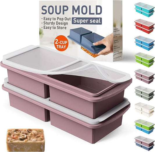Silicone Freezer Tray with Lid Soup Freezer Container Molds with Steel Reinforced Rim Large Ice Cube Tray Makes 4 Perfect 2 Cup Portions Cubes Storage Food Meal Prep Containers Cookware 2 Pack