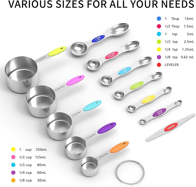 TILUCK measuring cups and magnetic measuring spoons set, stainless steel measuring cups, 6 double-sided stainless steel measuring spoons & 1 leveler (12) - Image 2