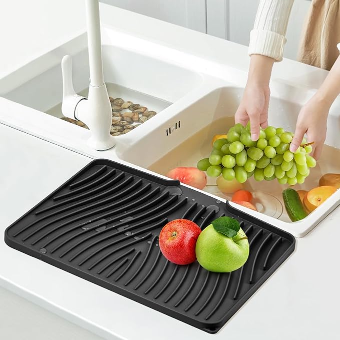 TIKNIK Silicone Dish Drying Mat, Stone Drying Mat for Kitchen Counter with Built-In Drain, Non-Slip Drain Pad with Built-in Drain, Heat Resistant Stone Drying Mat, Hangable, Black-2pcs, 16" x 12" - Image 6