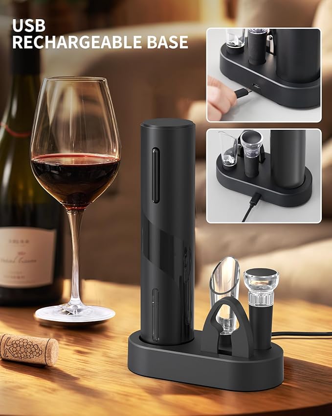 CIRCLE JOY Electric Wine Bottle Opener Set Rechargeable Wine Corkscrew Cordless Wine Opener Gift Set with Charging Base, Foil Cutter, Wine Aerator Pourer and Vacuum Wine Stopper, Black - Image 3