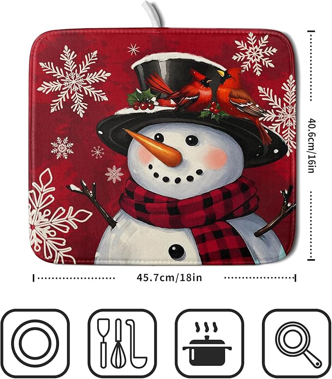 Christmas Snowman Dish Drying Mat for Kitchen Counter 16x18 Xmas Snowflake Winter Holiday Dark Red Absorbent Reversible Microfiber Drying Mats Kitchen Countertop Protector Dishes Drainer Rack Pad - Image 2