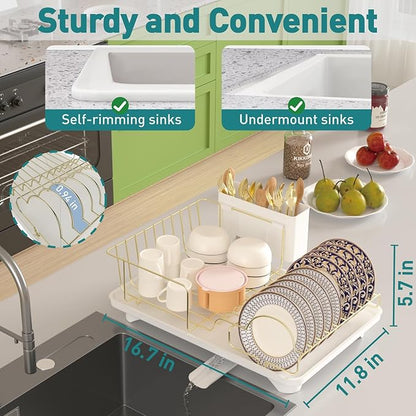 Buruis Dish Drying Rack for Kitchen Countertop, Large Capacity Gold Stainless Steel Dish Drainer with Anti-Slip Rubber Feet, Removable Drain Board and Utensil Holder (White Tray) - Image 2