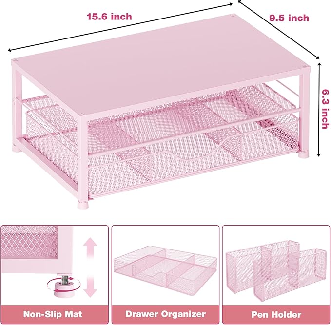 OPNICE Desk Organizers and Accessories, 2-Tier Computer Monitor Stand Riser with Drawer and 2 Pen Holders, Laptop Stand, Office Desk Accessories & Office Decor for Women, Pink - Image 3