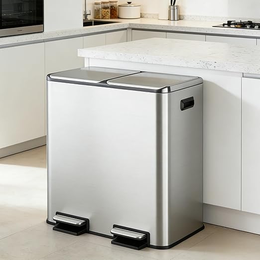 WLIVE 2 x 8 Gallon Dual Compartment Trash Can Stainless Steel, Pet-Proof Double Garbage Can Kitchen with Lid, Inner Buckets and Deodorizing Filter Box, Trash and Recycle Bin Combo, Silver