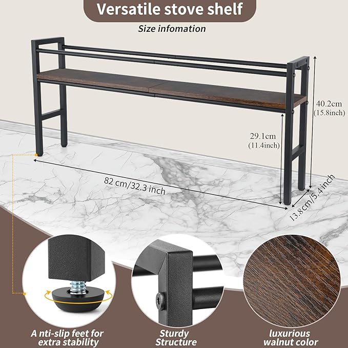 Meangood Spice Rack Shelf for Kitchen Stove, Over the Stove Shelf with 4 Hooks Extra Storage Countertop, Rustic Wood & Solid Metal Commbined Stove Shelf for Storage Seasoning, Easy to Assemble - Image 4