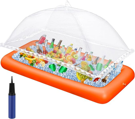 Leitee 3 Pcs Inflatable Serving Bar Kit Includes Salad Buffet Tray with Drain Plug Mesh Food Cover Food Drink Containers and Inflator for Ice Supplies Halloween Party Camping Picnic(Orange)