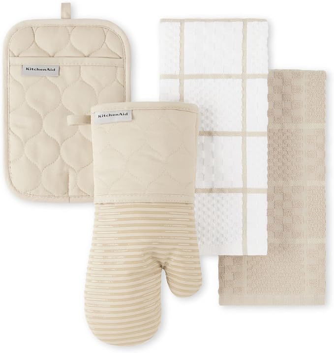 KITCHENAID Quilted Cotton Terry Cloth Oven Mitt, Pot Holder, Kitchen Towel 4-Pack Set, Heat Resistant, Silicone Grip, 16"x26", 7"x13" & 7"x10", Milkshake by KitchenAid