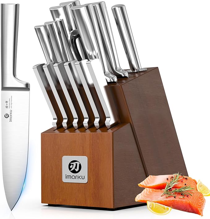 imarku 15-Piece Knife Block Set Built-in Sharpener, Japanese High Carbon Stainless Steel Kitchen Knife Set, Dishwasher Safe, Chef Knife Set with Wooden Knife Block, Steak Knives for Kitchen Cooking by imarku