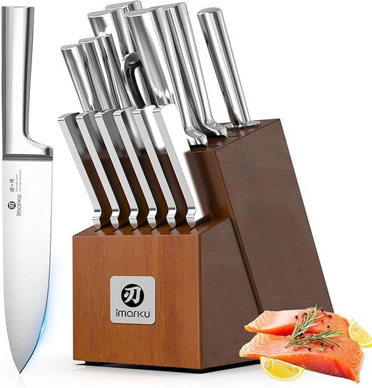 imarku 15-Piece Knife Block Set Built-in Sharpener, Japanese High Carbon Stainless Steel Kitchen Knife Set, Dishwasher Safe, Chef Knife Set with Wooden Knife Block, Steak Knives for Kitchen Cooking by imarku