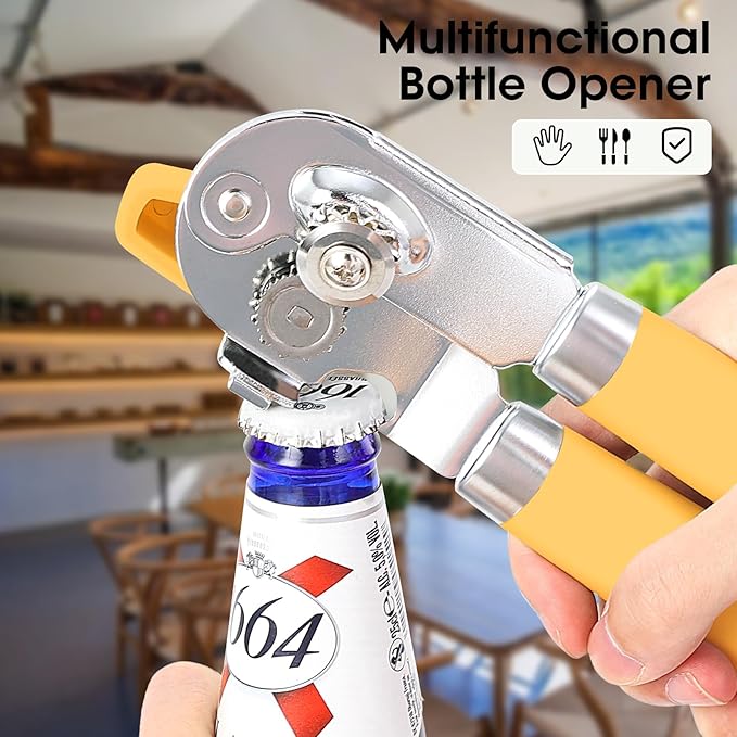 Beneno Heavy Duty Hand Can Opener Manual with Magnet, Durable Sharp Carbon Steel Blade Smooth Cutting, Big Effort-Saving Knob, Soft Grip Handle, Multifunctional Kitchen Tool with Bottle Opener, Yellow - Image 6
