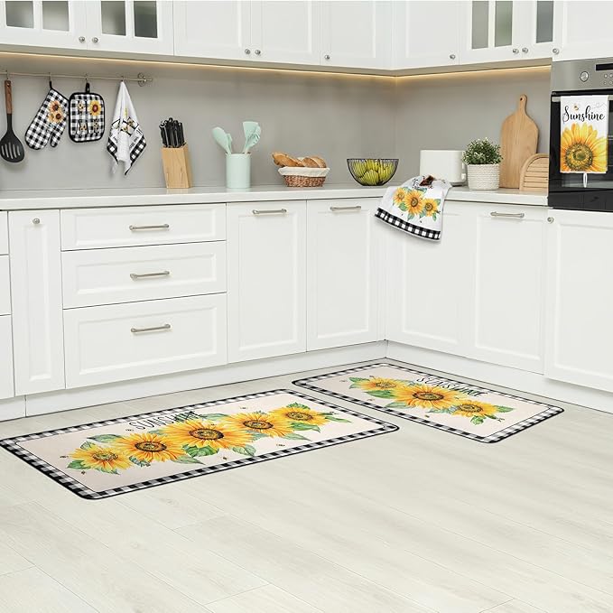 Fourluoo 10 Pcs Sunflower Kitchen Decor 4 Black and White Buffalo Plaid Dish Towels 2 Buffalo Check Pot Holders 2 Rustic Sunflower Oven Mitts 2 Yellow Rugs for Cooking Baking Mom Housewarming Gift - Image 7