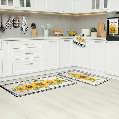 Fourluoo 10 Pcs Sunflower Kitchen Decor 4 Black and White Buffalo Plaid Dish Towels 2 Buffalo Check Pot Holders 2 Rustic Sunflower Oven Mitts 2 Yellow Rugs for Cooking Baking Mom Housewarming Gift - Image 7