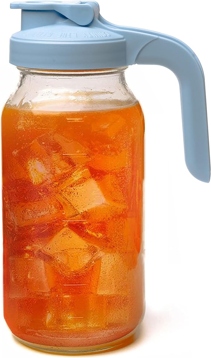 County Line Kitchen Glass Mason Jar Pitcher with Lid - Wide Mouth, 2 Quart (64 oz) - Heavy Duty, Leak Proof - Sun & Iced Tea Pitcher, Cold Brew Coffee, Breast Milk Storage, Water - Sky Blue by CountyLineKitchen
