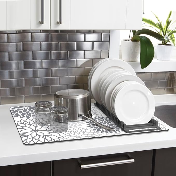 Findosom 2PCS 12" x 20" Dish Drying Mat & 24" x 5.5" Sink Splash Guard, Super Absorbent & Cuttable Dish Mat Drying Kitchen Mat with Gray Floral, Hide Stain Drying Mat for Kitchen Counter - Image 6