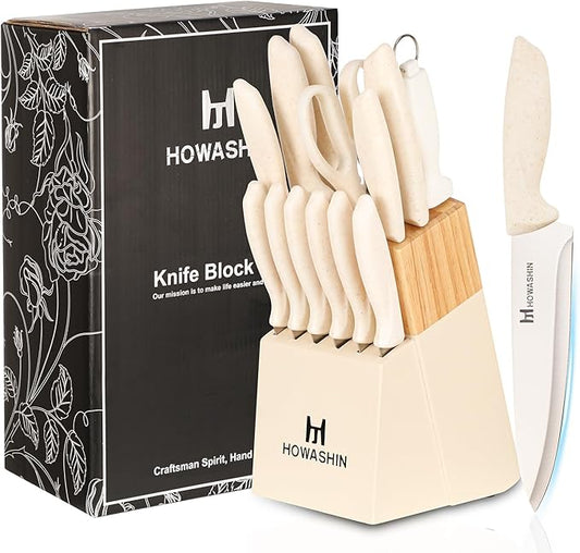 White Knife Set, Howashin 15 Pieces Kitchen Knife Set with Built in Knife Sharpener, High Carbon German Stainless Steel Knife Block Set, Dishwasher Safe Knives Set