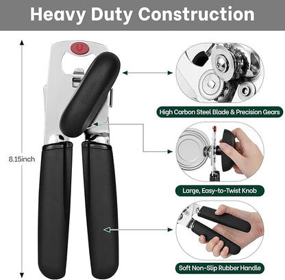 Beneno Can Opener, Heavy Duty Manual Can Opener with Magnet Lid Lifter & Bottle Opener, Hand Can Opener Manual with Ergonomic Soft Grip, Easy Turn Knob for Arthritis & Weak Hands, Easy to Use, Black