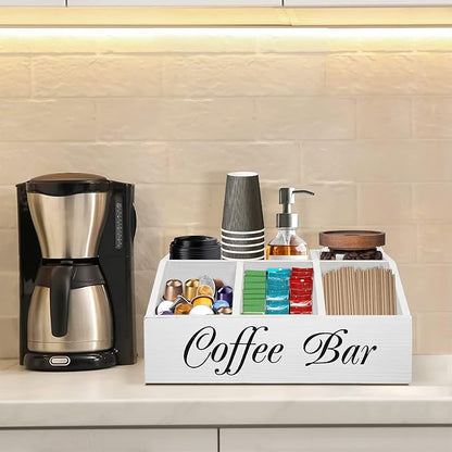 ugiftt Coffee Station Organizer for Counter, Wood Coffee Pods Holder Storage Basket, Tea Condiment Storage Organizer, Rustic Wood Bar Decor for Accessories - Image 7