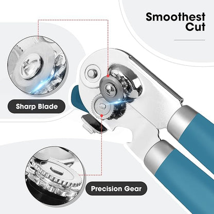 Beneno Heavy Duty Hand Can Opener Manual with Magnet, Durable Sharp Carbon Steel Blade Smooth Cutting, Big Effort-Saving Knob & Soft Grip Handle, Multifunctional Kitchen Tool with Bottle Opener, Aqua - Image 3