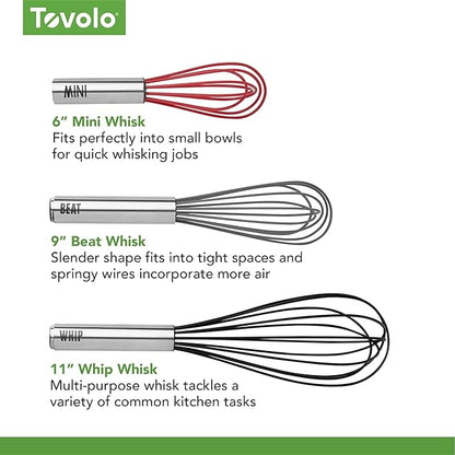 Tovolo Whisk 9 Inch Heavy Duty Silicone Wire Stainless Steel Whisker for Cooking Baking Blending Mixing Stirring Whipping Whisking, Dishwasher Safe Multi Function Classic French Wire Whisk, Black