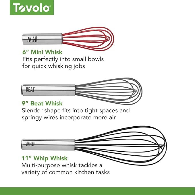Tovolo Mini Whisk Stainless Steel 6 Inch Tiny Whipper Silicone Whisker for Cooking Blending Mixing Stirring Egg Beating, Easy to Clean Dishwasher Safe Small Kitchen Mini Metal Whisk, Charcoal Gray