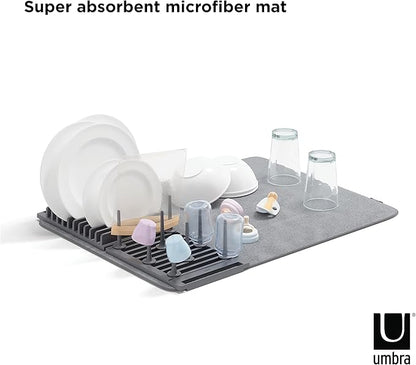 Umbra Udry Dish Rack with Movable Pegs and Microfiber Drying Mat – Space-Saving Design Folds Up for Easy Storage, Basic Rack, Dark Grey