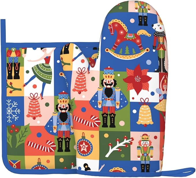 Christmas Nutcrackers Silicone Oven Mitts Pan Mats Set of 2, Heat Resistant Gloves Potholder with Non-Slip Grips Hanging Loops Pot Holder, Spring Summer for Chef Cooking, Baking, Grilling, BBQ