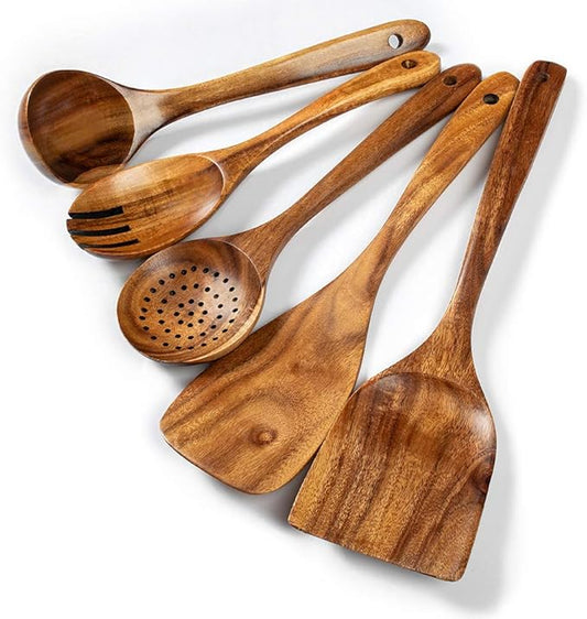 Wood Kitchen Utensils Set, 5 PCs Natural Acacia Wooden Spoons For Cooking for Non-stick Skillet, Utensil set For Cooking With Soup Ladle and Wok Spatulas, Salad fork, Spurtles for Cooking by TEZZ