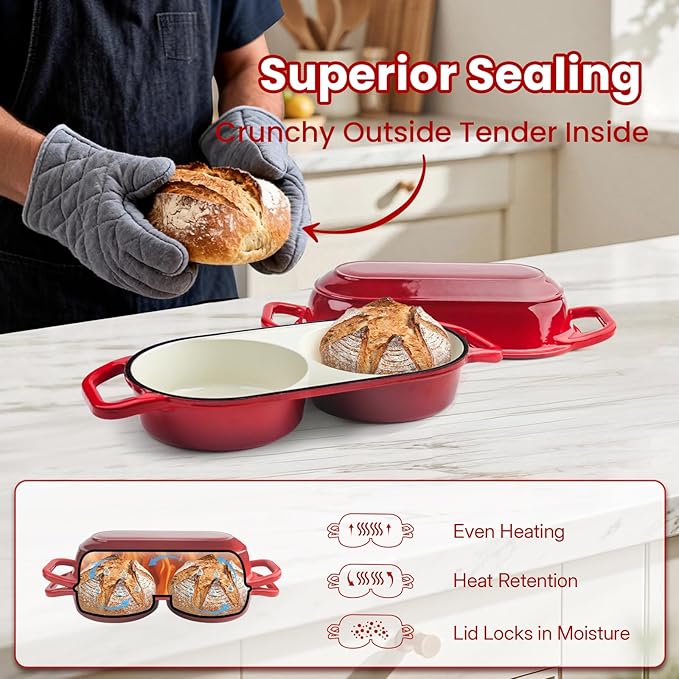 YONILL Mini Double Dutch Oven for Sourdough Bread Baking - Enameled Cast Iron Dutch Oven Pot with Lid and 5" Banneton Bread Proofing Basket Kit, Dual Round Bread Loaf Pan for Homemade Baking (Red) - Image 4