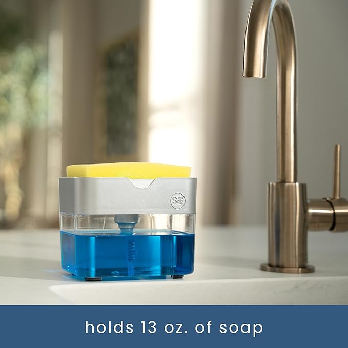 S&T INC. Dish Soap Dispenser and Sponge Holder for Kitchen Sink with Enhanced Features, Sponge Included, 13 Ounces, Silver - Image 5