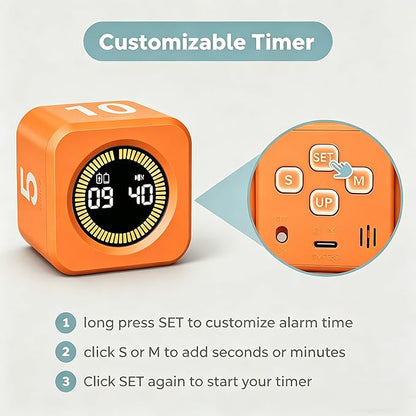 KADAMS Timer Pomodoro Visual - Productivity Pomodoro Cube, 5/10/25/50 Min Countdown & Countup, Silent – Ideal for Work Study Cook Workout Kitchen School Classroom Office ADHD Gift Kids (1, Orange)