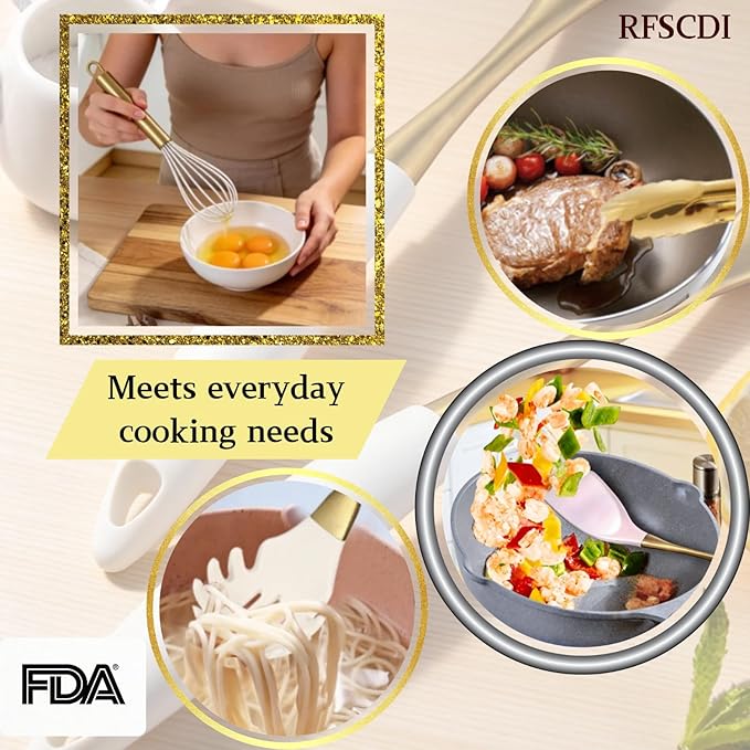 Elegant White Gold Silicone Cooking Utensils Set - Non-Toxic, Dishwasher Safe Kitchen Utensils Set with Heat Resistant Comfort Handles - Includes Spatula & Spoon for Nonstick Cookware - Image 9
