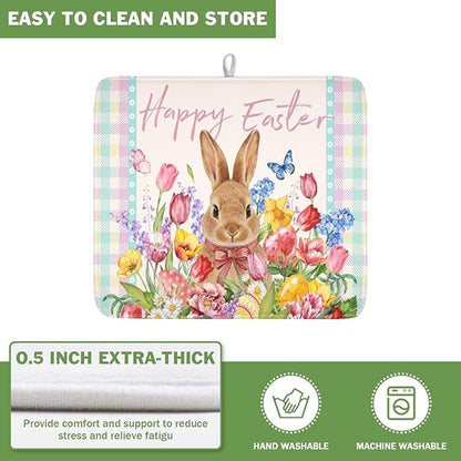 Easter Bunny Dish Drying Mat for Kitchen Counter Happy Easter Rabbit Floral Colorful Buffalo Plaid Microfiber Dish Drainer Mat Absorbent Washable Drying Pad 16"x18"
