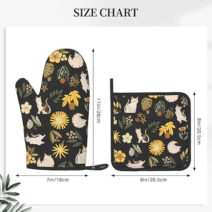 Cute Cats Flowers Garden Silicone Oven Mitts Pan Mats Set of 2, Heat Resistant Gloves Potholder with Non-Slip Grips Hanging Loops Pot Holder, Spring Summer for Chef Cooking, Baking, Grilling, BBQ