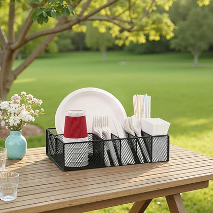 Utensil Caddy with Handle, Metal Paper Plate Holder for Kitchen Counter,Silverware Cutlery Caddy Organizer Flatware Storage for Plastic Spoon Fork Plates Napkins Cup Party Camping Black - Image 8