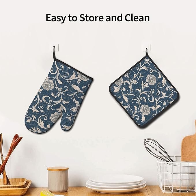 Navy Blue Oven Mitts and Pot Holders Vintage Floral Kitchen Accessories Set of 2 Teal Flowers Gloves Potholder for Chef Cooking Baking Grilling BBQ - Image 6