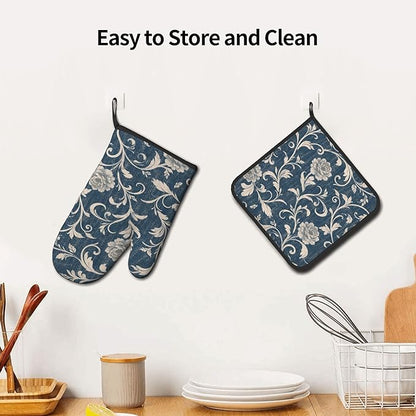 Navy Blue Oven Mitts and Pot Holders Vintage Floral Kitchen Accessories Set of 2 Teal Flowers Gloves Potholder for Chef Cooking Baking Grilling BBQ - Image 6