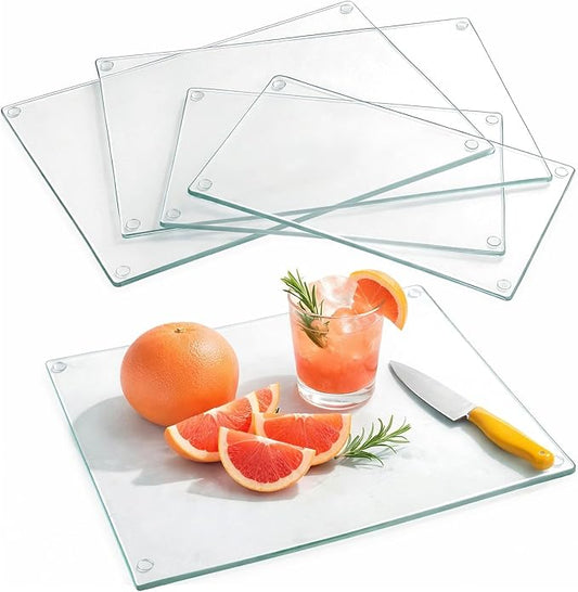 Hacaroa 4 Pack Tempered Glass Cutting Board with Rubber Feet, Rectangle Non-slip Chopping Board, Long Lasting Clear Glass Tray for Kitchen Countertop, Table, Shatter-Resistant, Heat-Resistant, 2 Size