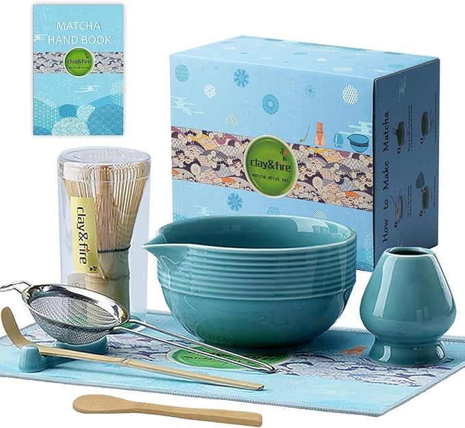 Clay&Fire Matcha Whisk Set, Ceramic Matcha Set, Matcha Bowl with Spout and Whisk, 9 pcs Matcha Tea Kit for Matcha Lovers, Ideal Gift Christmas, Birthday (Blue) by FocusonMatchaWhiskSet
