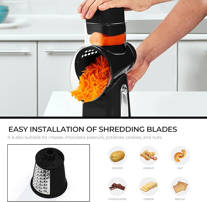 SUSTEAS Rotary Cheese Grater with Handle - Vegetable Shredder with 5 Well-designed Blades & Strong Suction Base,Round Mandoline Slicer & Food Chopper for Kitchen,with Blade Storage Box(Black) - Image 4
