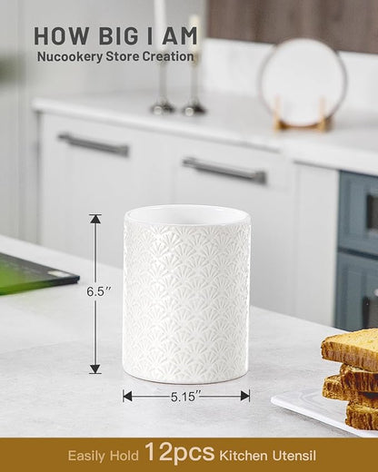 Nucookery 6.4'' Utensil Holder - Ceramic Utensil Holder for Kitchen Counter, Large Capacity Countertop Storage, Farmhouse Style Utensil Crock Organizer for Spoons, Spatulas & Cooking Tools - Image 3